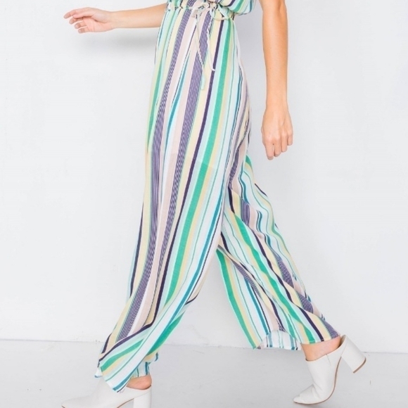 Anthropologie Le Lis Green Blue Striped Strapless Wide Leg Jumpsuit Pantsuit - Picture 9 of 16
